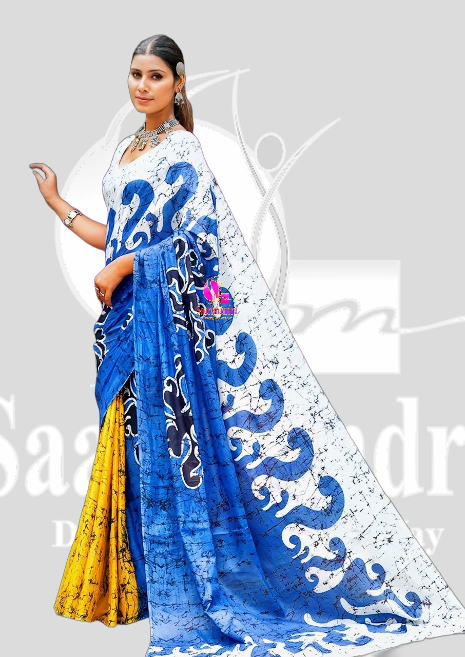 Batik Indian Premium Vibrant Blue, White & Yellow Batik Cotton Saree with Artistic Swirl Motifs